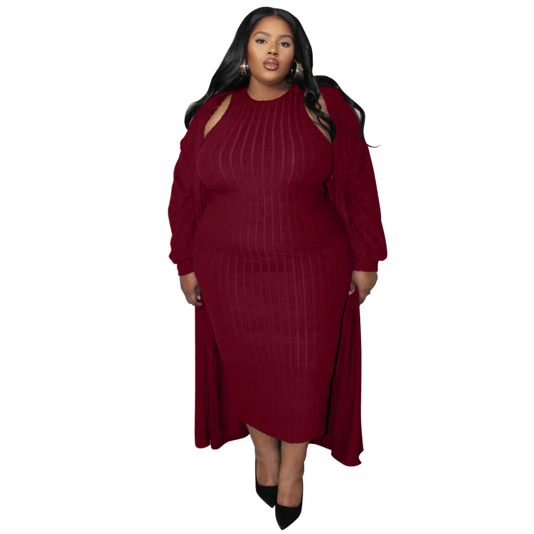 Plus Size Ribbed Cardigan and Dress