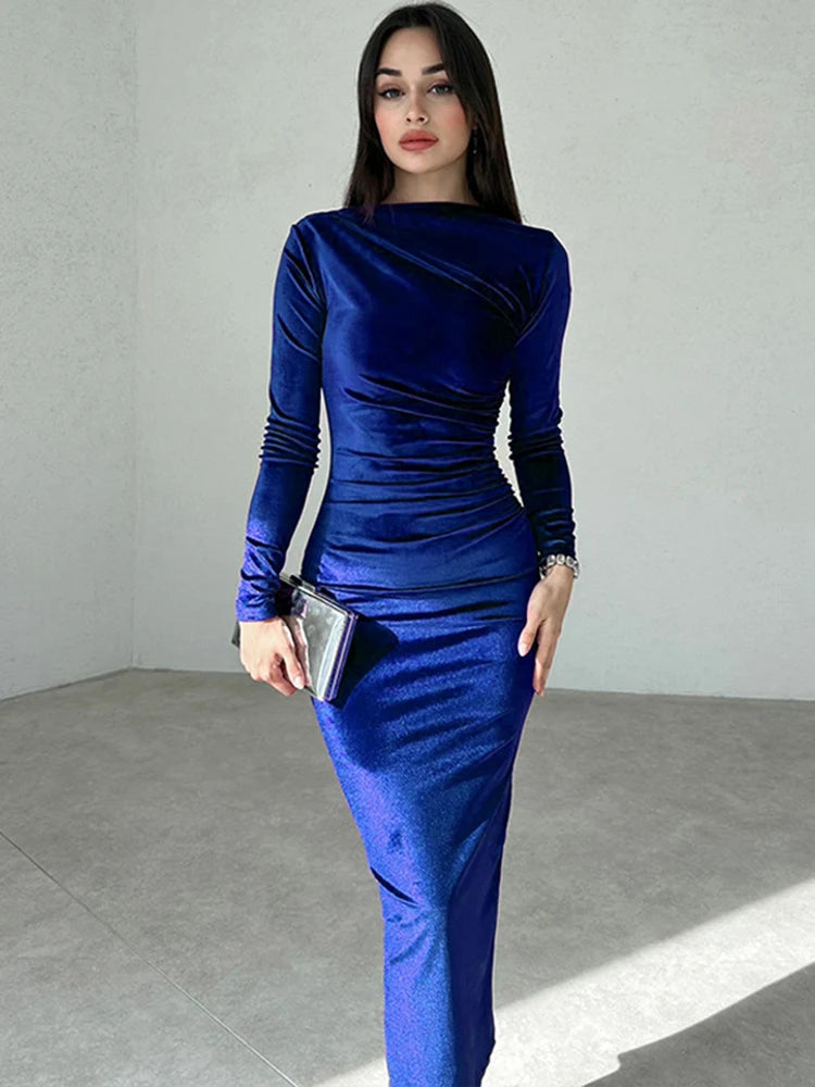 Spring Summer Velvet Long Sleeve Ruched Midi Dress