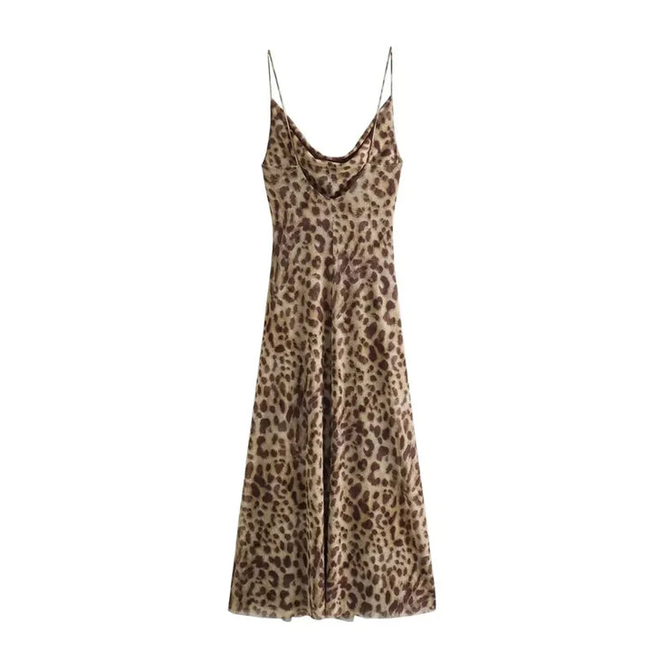 Leopard Print Tulle Backless Slip Midi Dress for Women