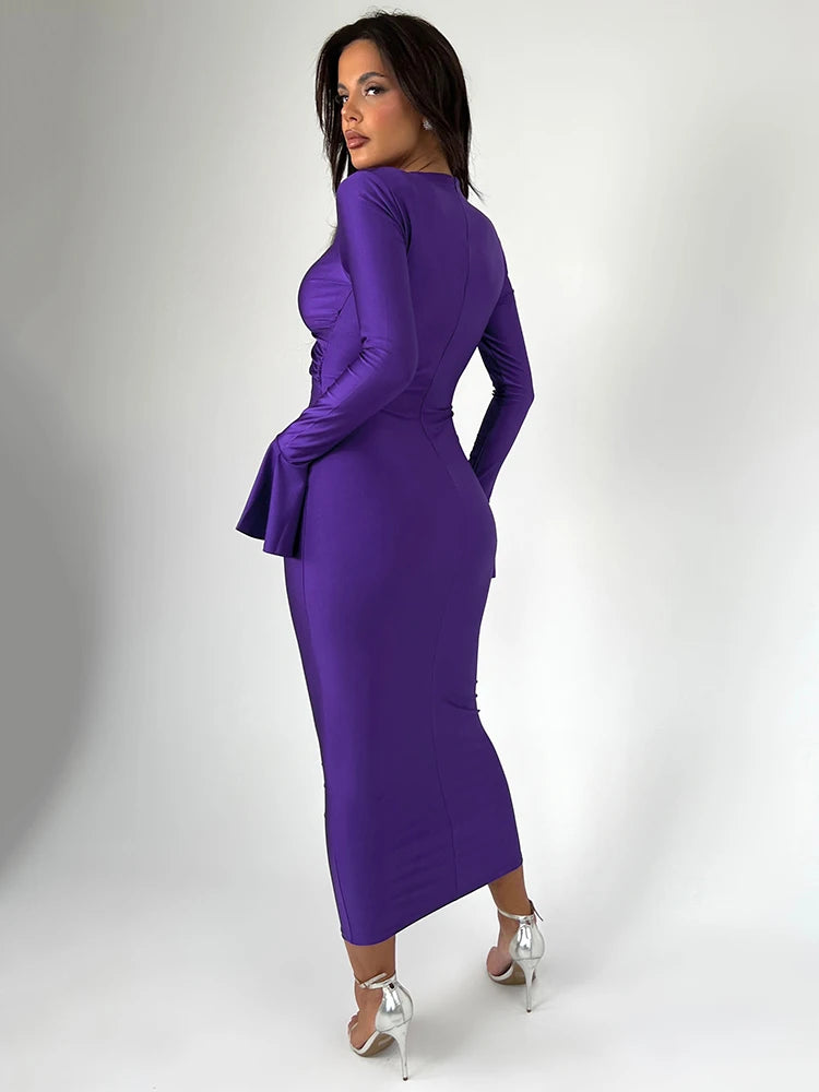 Elegant Hollow Out V-neck Long Sleeve Bodycon Maxi Dress