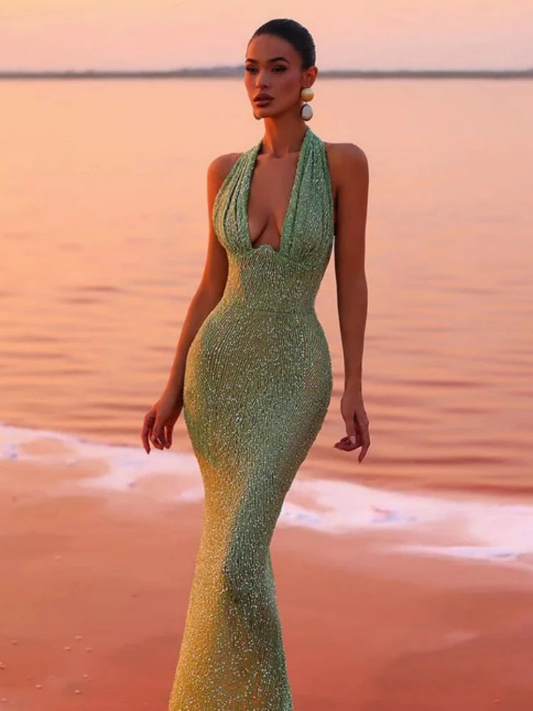 Sexy Green Halter Deep V Neck Sequined Maxi Party Dress