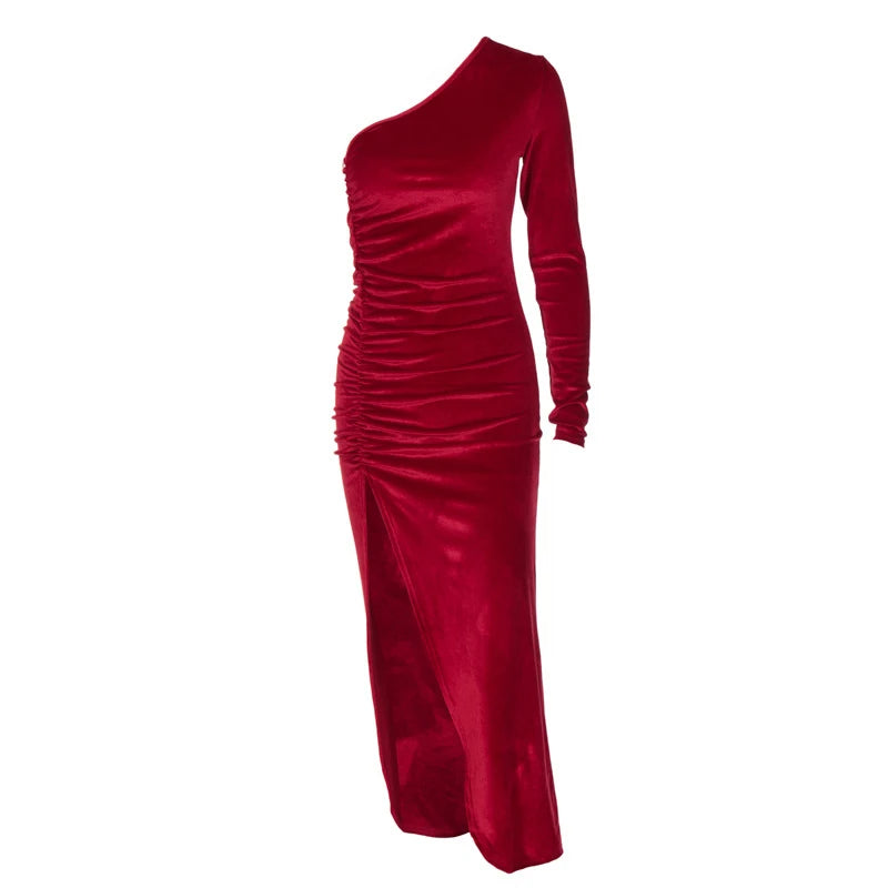 Elegant Long Sleeve Velvet Bodycon Split Midi Party Dress