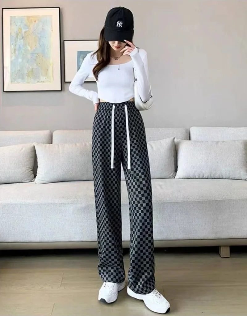 Plaid Loose Trousers High Waist Elastic Baggy Casual Pants