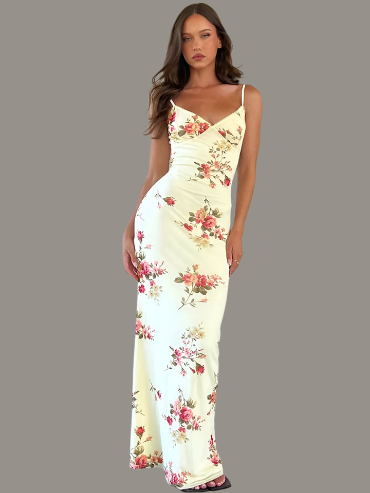 Sexy Y2K Floral Print Backless Bodycon Maxi Dress