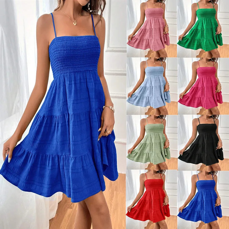 Summer Solid Color Thin Strap One-Line Neckline Versatile Dress