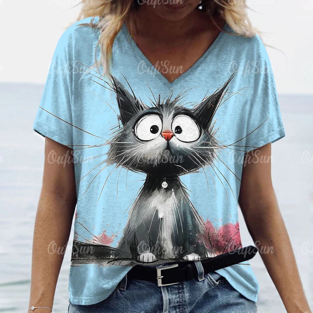 Oversized Cat Print Crew Neck Casual T-Shirt