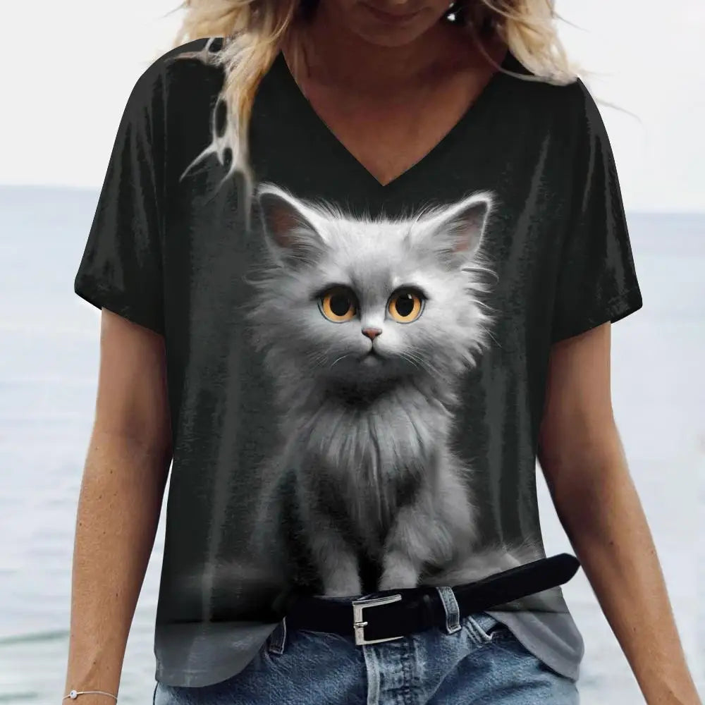 Oversized Cat Print Crew Neck Casual T-Shirt