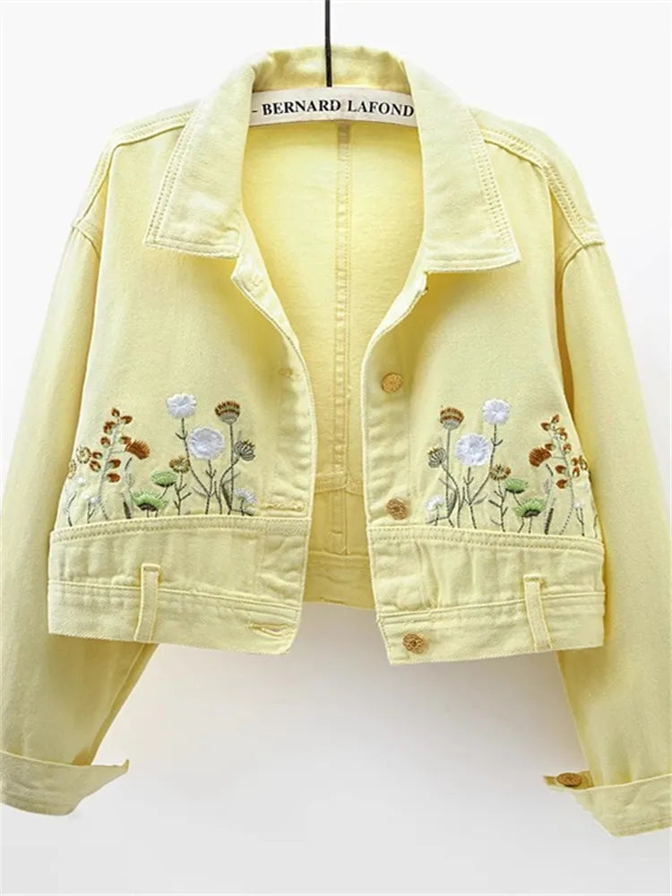 Chic Floral Embroidery Crop Denim Jacket