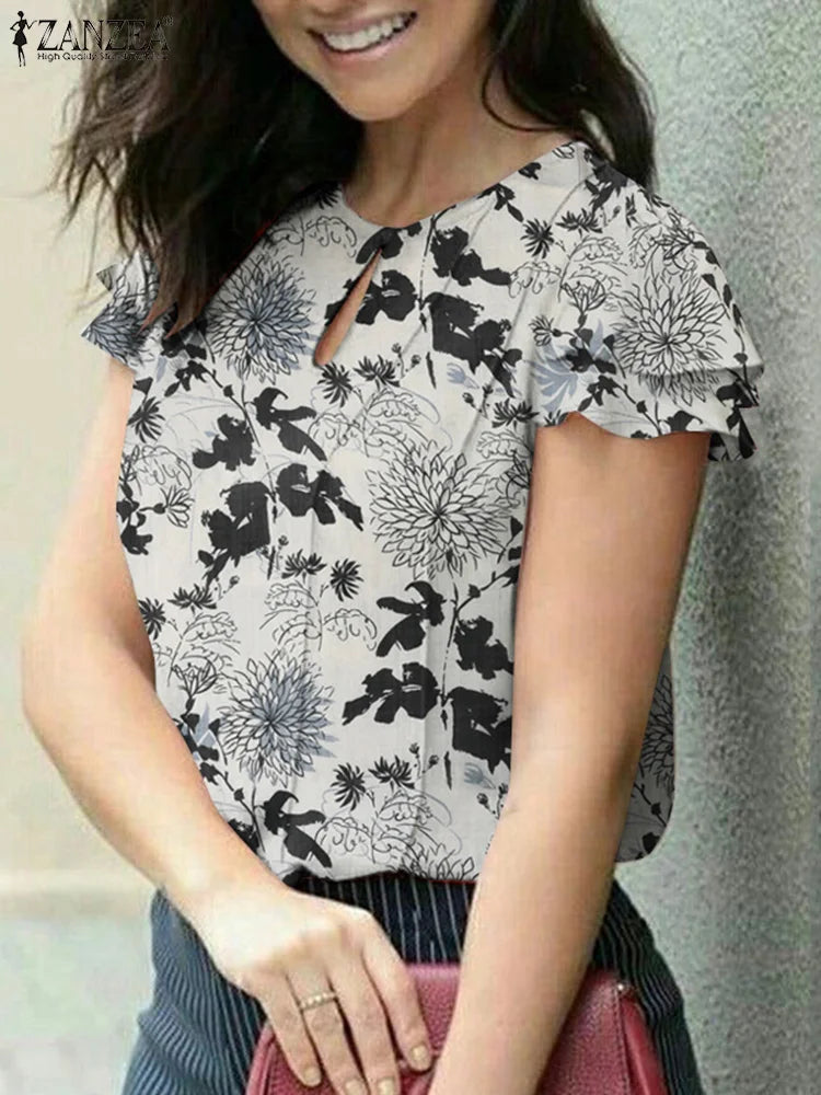 Summer Floral Printed Blouse Short Sleeve Casual Tunic Top