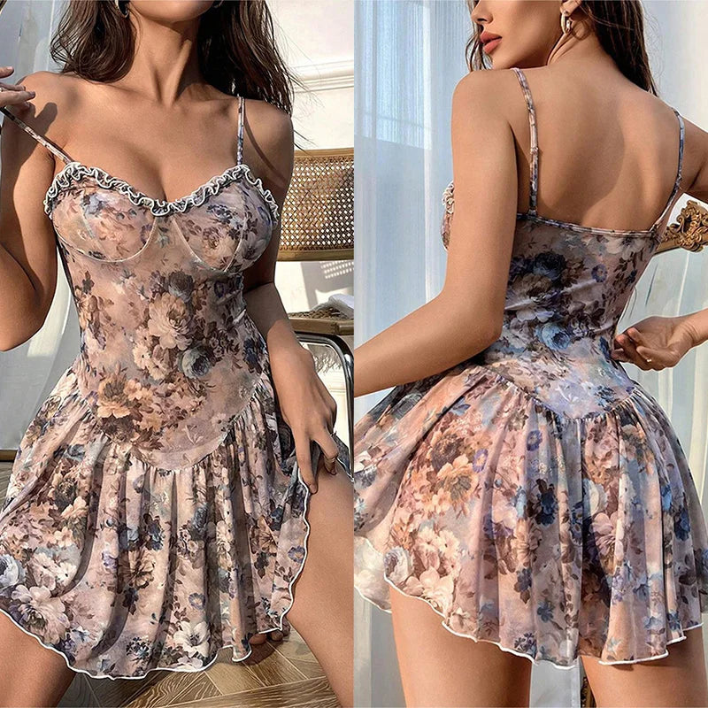 Babydoll Floral Pleated Camisole Skirt Nightgown Sexy Lingerie