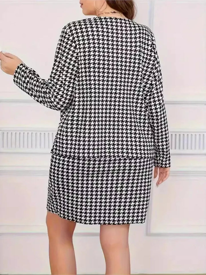 Plus Size Houndstooth Plaid Two-Piece Cropped Coat Set