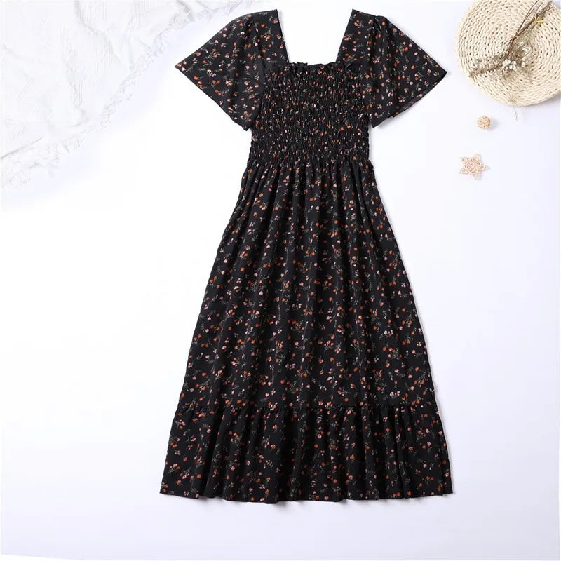 Spring Summer Floral Chiffon Midi Dress