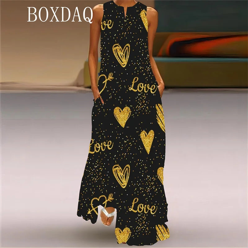 Elegant Gradient Love-Printed Long Dress