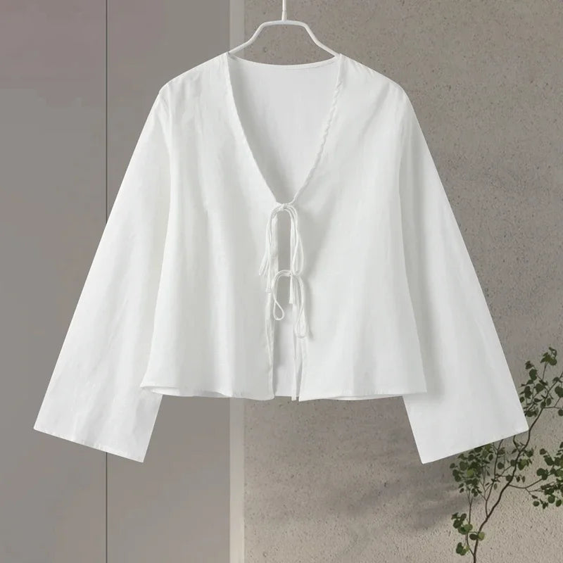 Loose Fit Cotton Linen Bow  Shirt