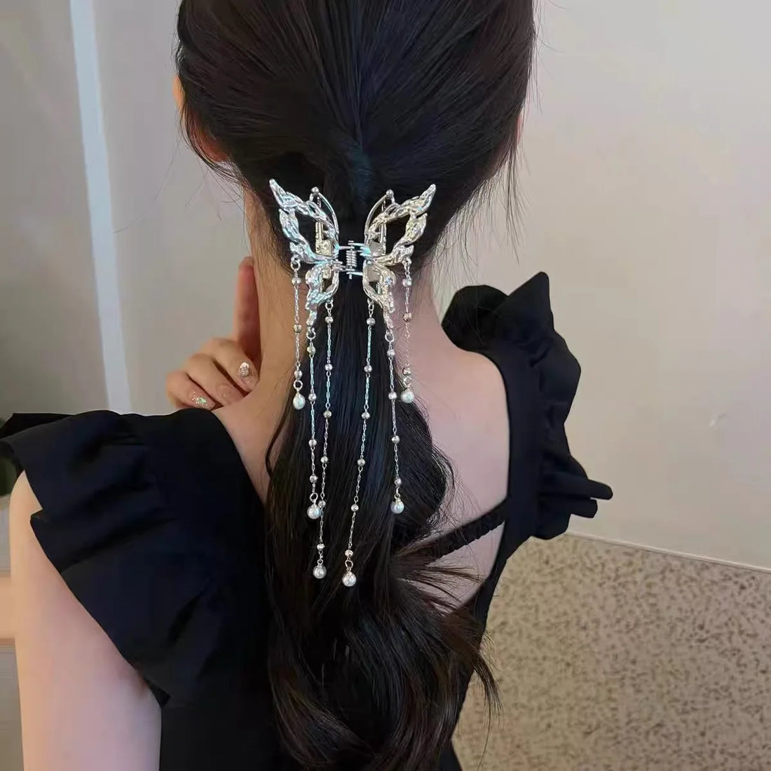 Pearl Tassel Hair Claw Clip for Women and Girls