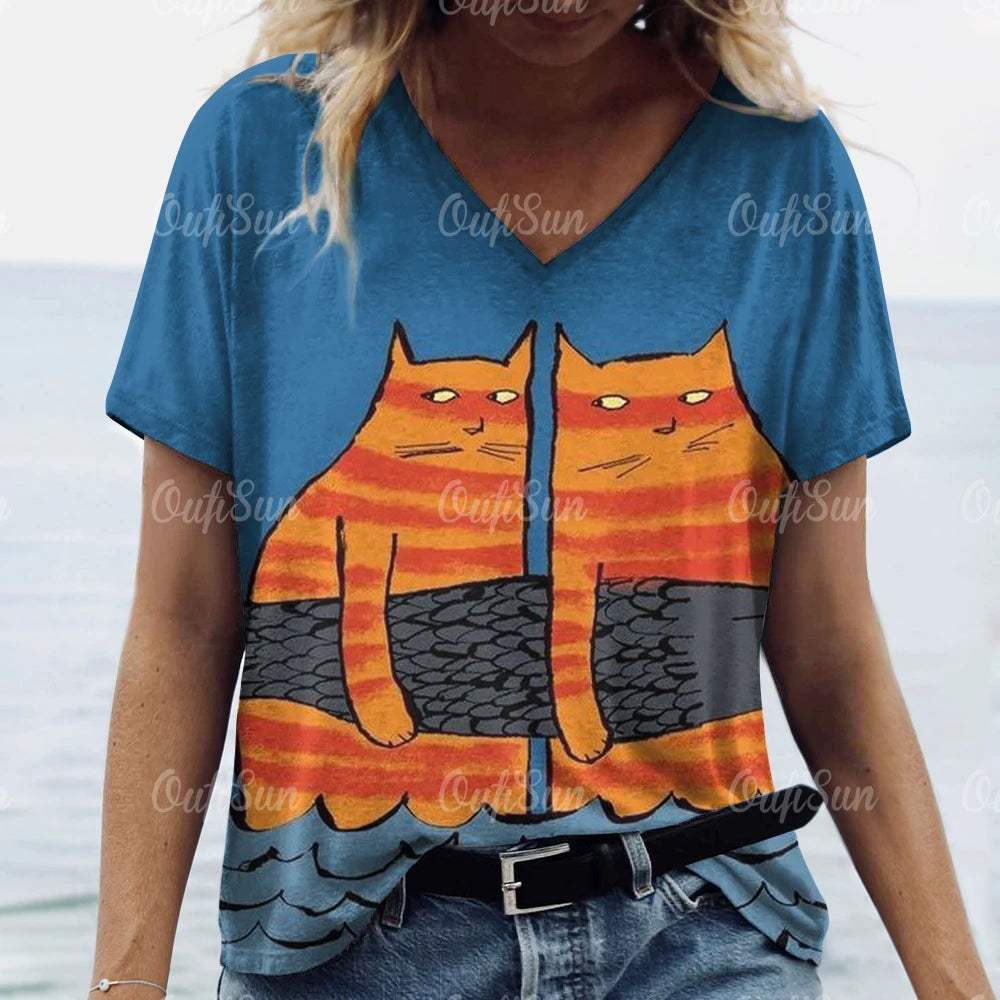 Oversized Cat Print Crew Neck Casual T-Shirt