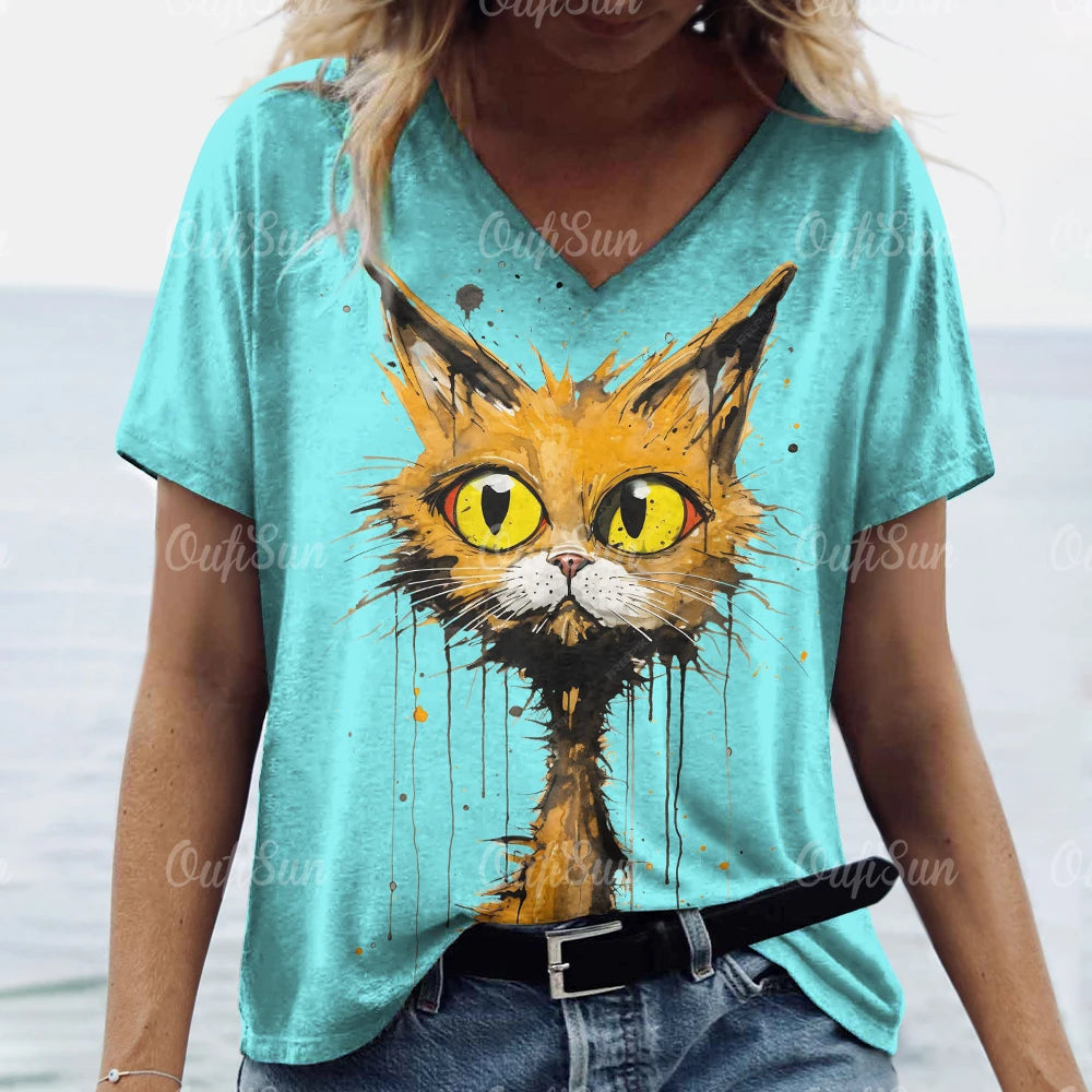 Oversized Cat Print Crew Neck Casual T-Shirt