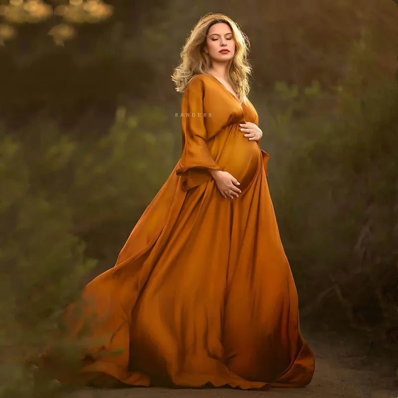 Boho V-neck Satin Maternity Dress