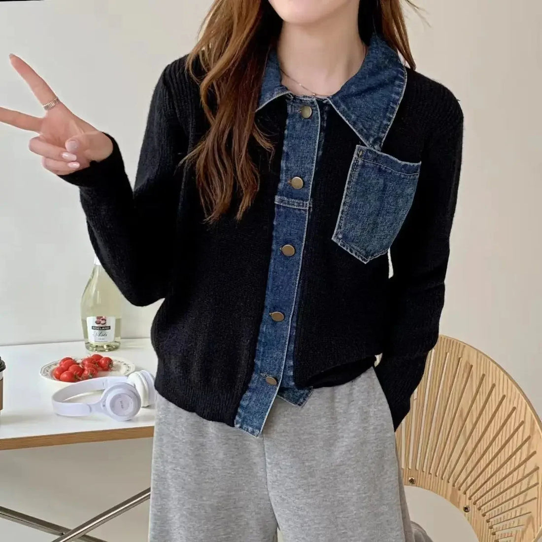 Small Spring Autumn Black Patchwork Denim Jacket