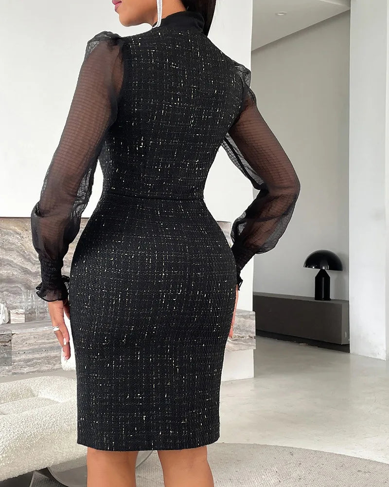 Tie Neck Mesh Patch Long Sleeve Midi Dress