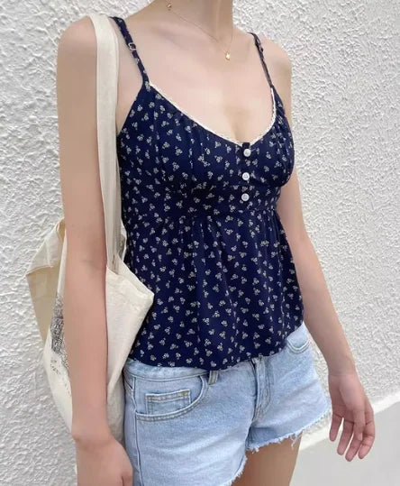 Blue Plaid Button Camisole Sleeveless Vintage Summer Top