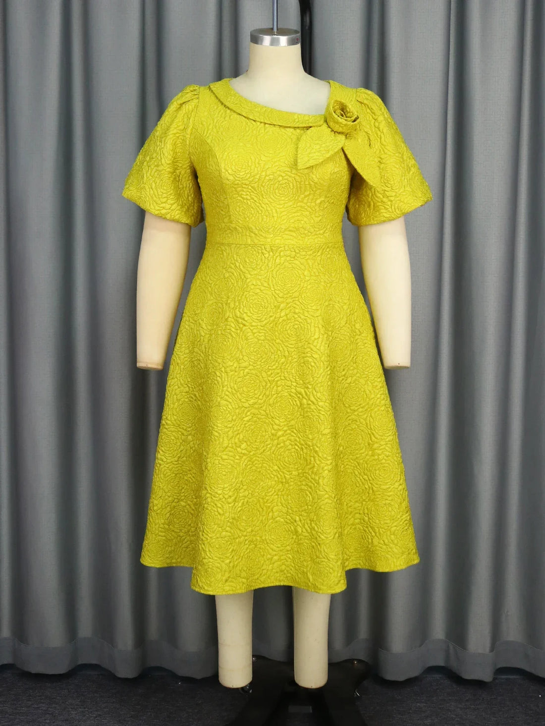 Yellow Jacquard A-Line Midi Dress