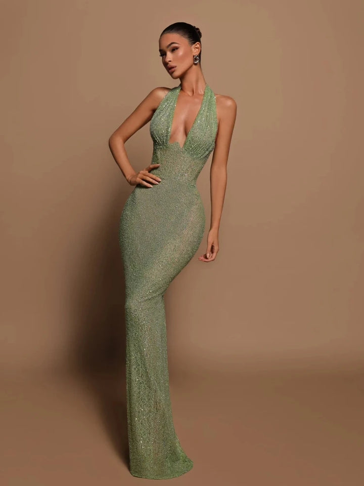 Sexy Green Halter Deep V Neck Sequined Maxi Party Dress