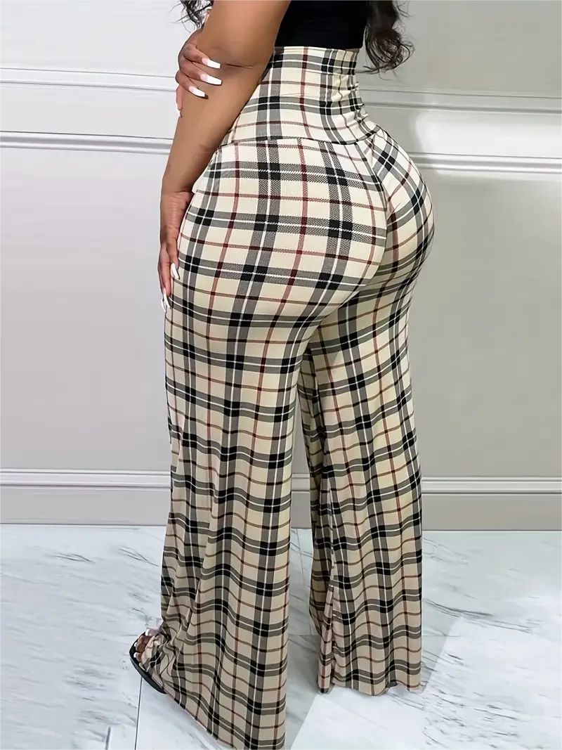 Plaid Wide-Leg High Waist Women’s Casual Trousers