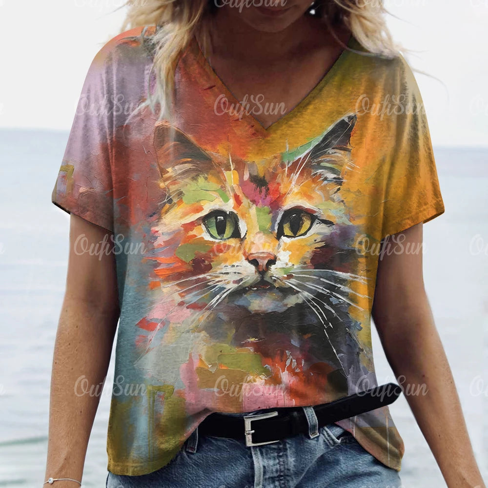 Oversized Cat Print Crew Neck Casual T-Shirt