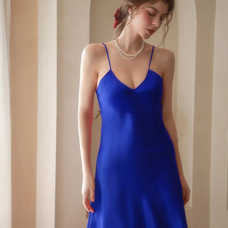 Sexy V-Neck Silk Satin Nightgown Sleeveless Sleepwear