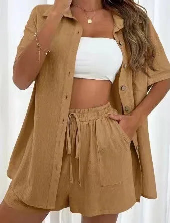 Ladies Casual Summer Suit Loose Shirt Shorts Two-Piece Set