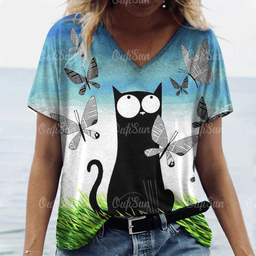 Oversized Cat Print Crew Neck Casual T-Shirt