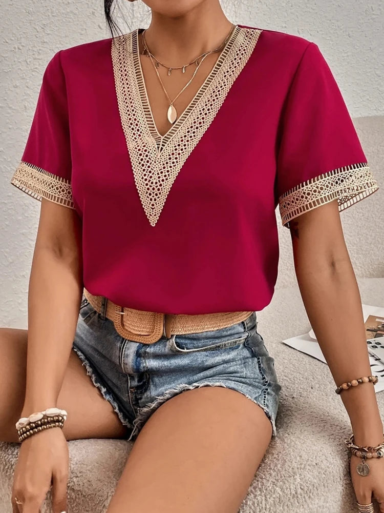 Summer Lace V-Neck Casual Short-Sleeve Pullover Blouse