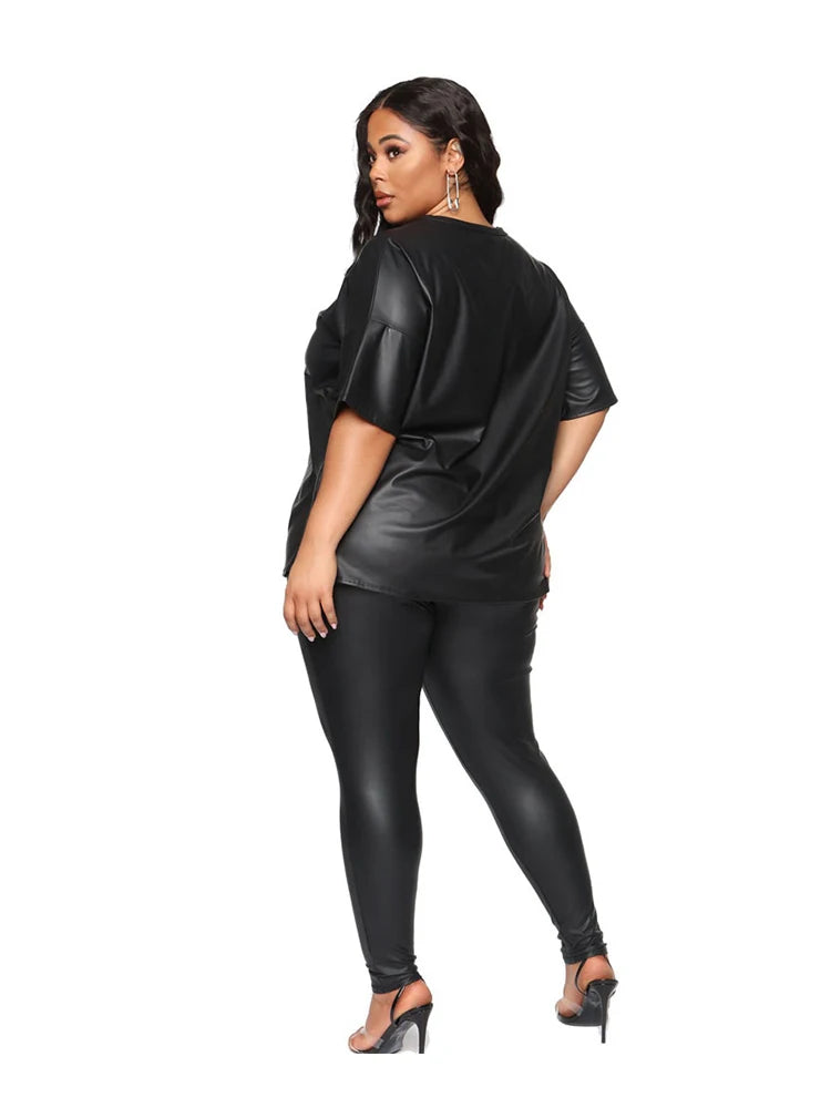 Women's Plus Size Black PU Two-Piece Summer Leather Outfit