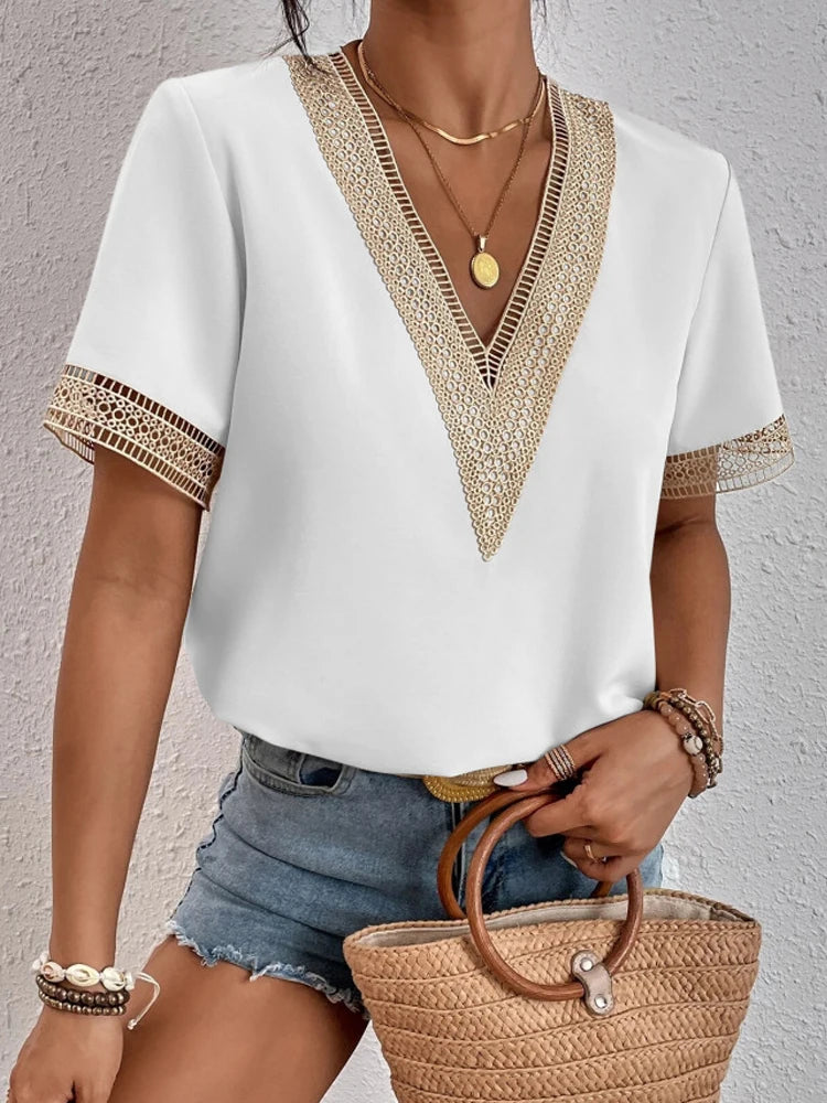 Summer Lace V-Neck Casual Short-Sleeve Pullover Blouse