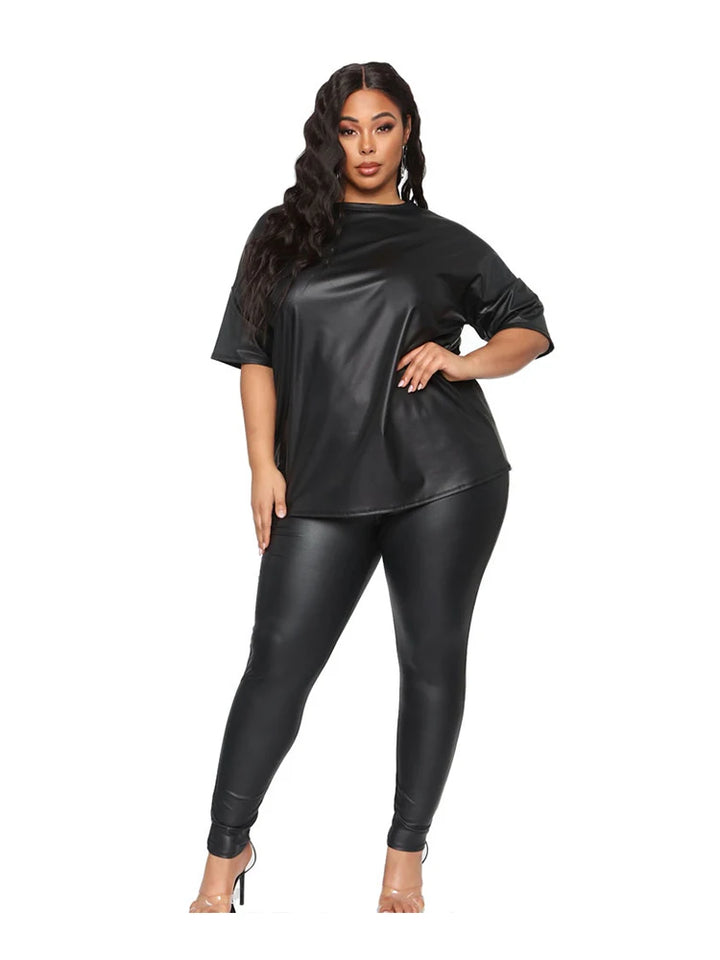 Women's Plus Size Black PU Two-Piece Summer Leather Outfit