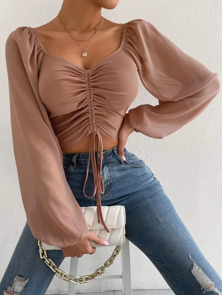 Sexy Mesh Lantern Sleeve Drawstring Wrap Midriff T-Shirt