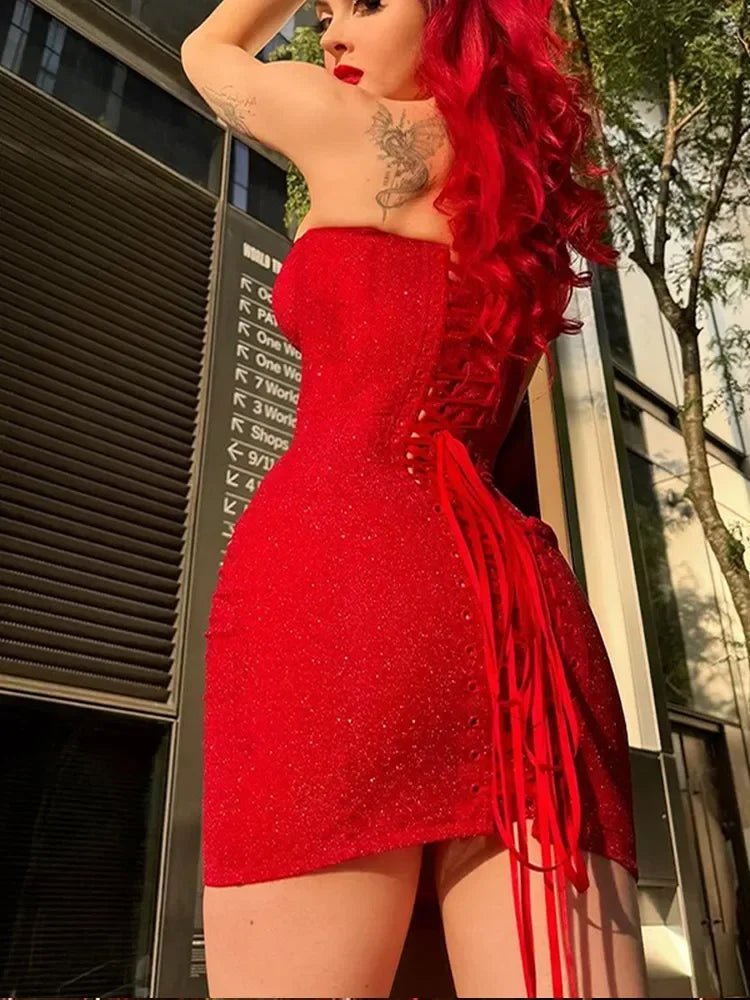 Sexy Red Strapless Glitter Mini Dress