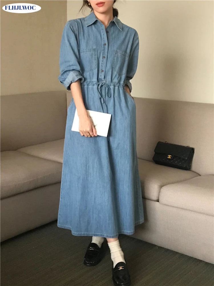 Women Retro Vintage Blue Long Shirt Dress