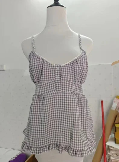 Blue Plaid Button Camisole Sleeveless Vintage Summer Top