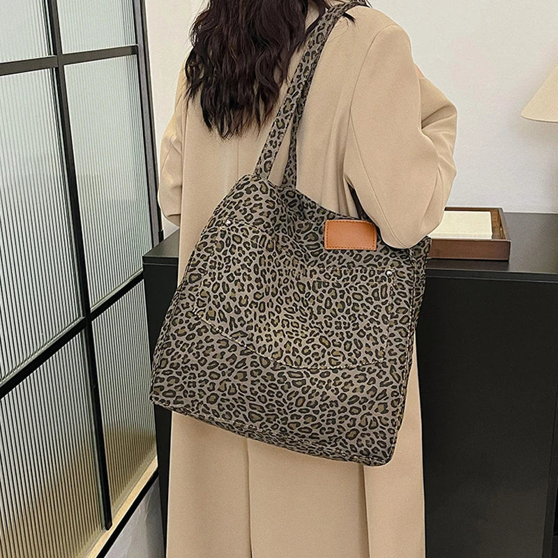 Oversized Leopard Print Canvas Shoulder Bag