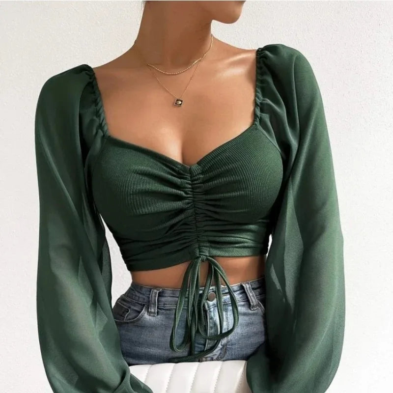 Sexy Mesh Lantern Sleeve Drawstring Wrap Midriff T-Shirt