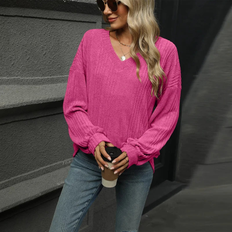 Solid Color V-neck Long Sleeved Loose Casual T-shirt