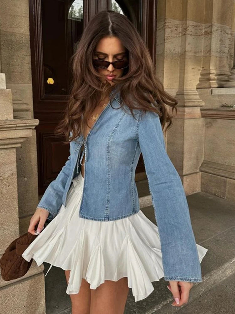 V-Neck Denim Cardigan Lace Up Slim Fit Casual Women Jacket