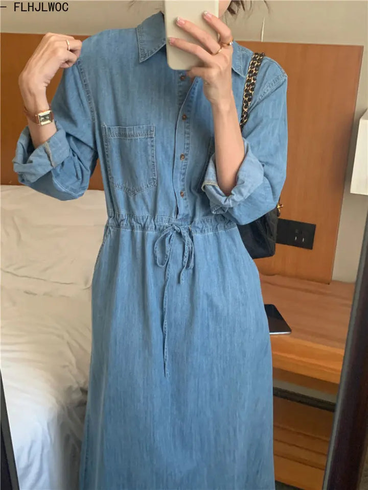 Women Retro Vintage Blue Long Shirt Dress