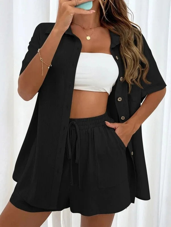 Ladies Casual Summer Suit Loose Shirt Shorts Two-Piece Set