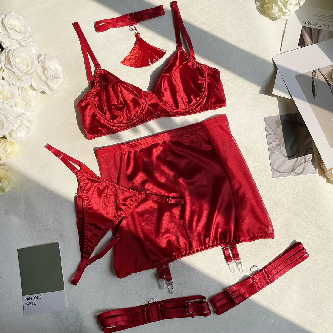 Ellolace Satin Lingerie Set: Fancy Bra and Panty Outfit