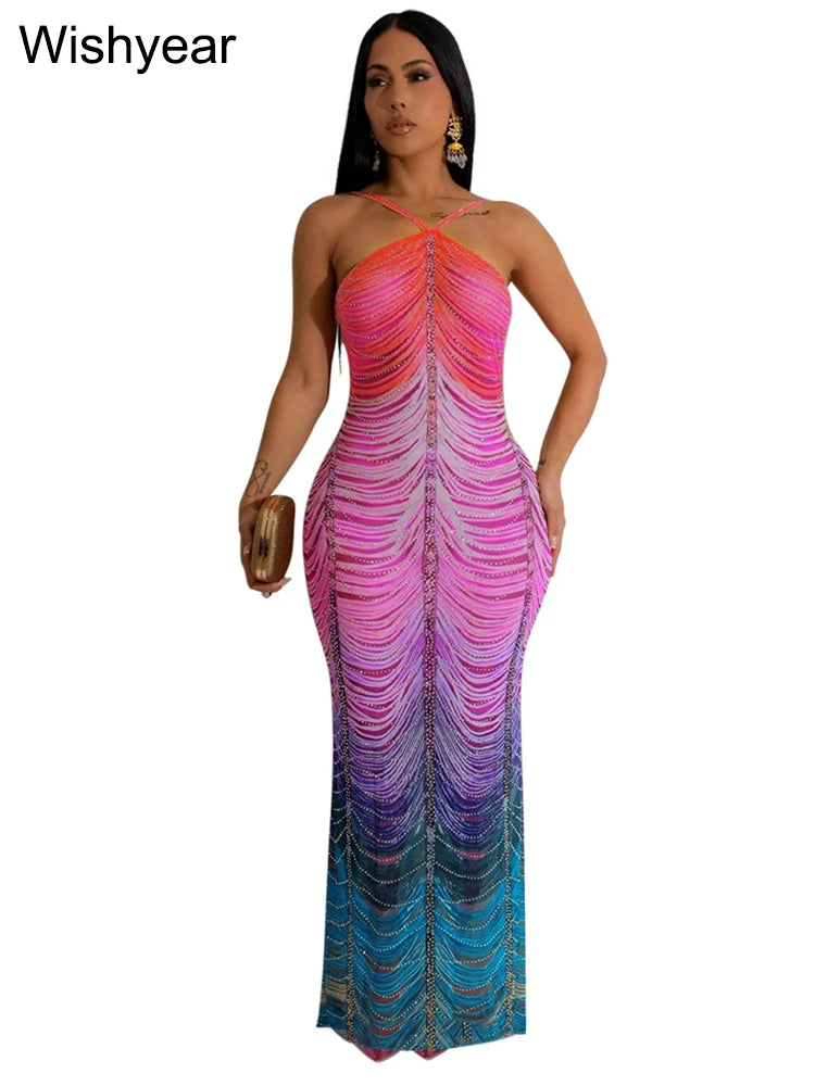 Gradient Rhinestone Tie Dye Halter Mermaid Dress