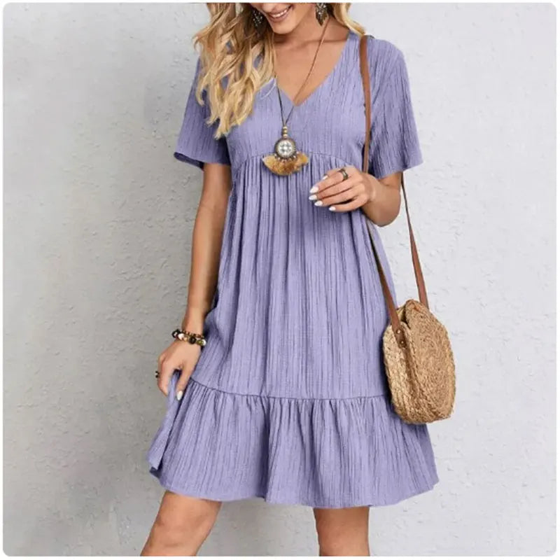 V-Neck Short Sleeve Loose Waist Ruffle Dress