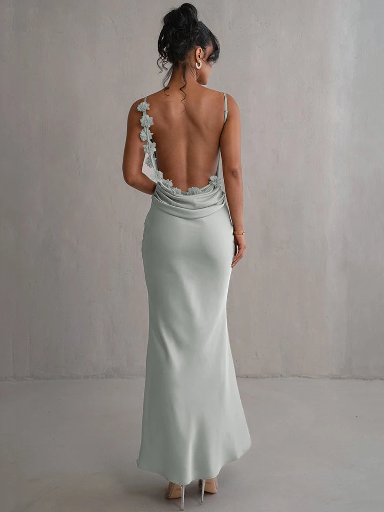 Floral Draped Backless Maxi Dress